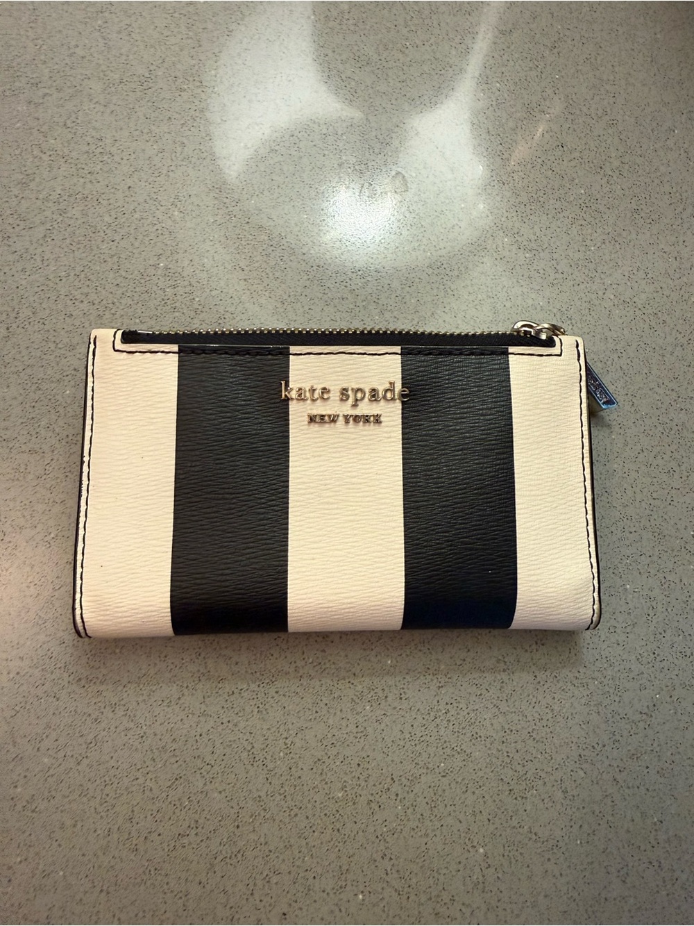kate spade Black and White Striped Zip Card Wallet